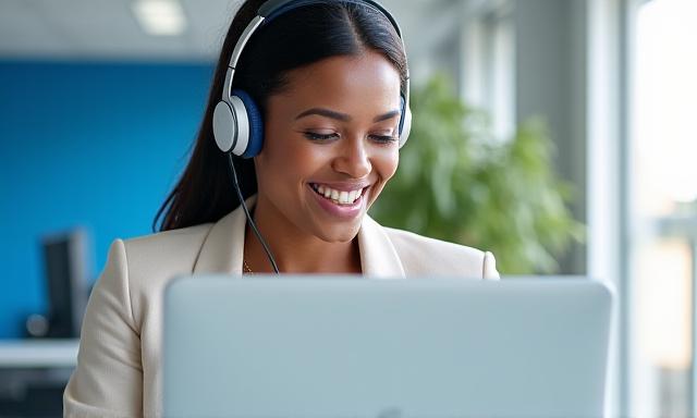 Friendly customer support agent with headset smiling