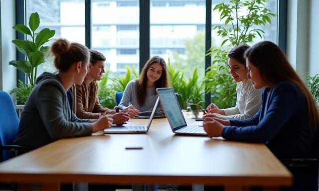 Modern collaborative office workspace with natural lighting