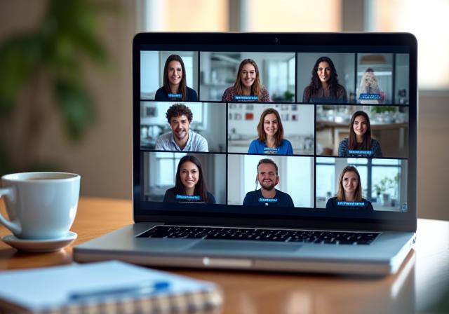 Remote team meeting on laptop screens with global map
